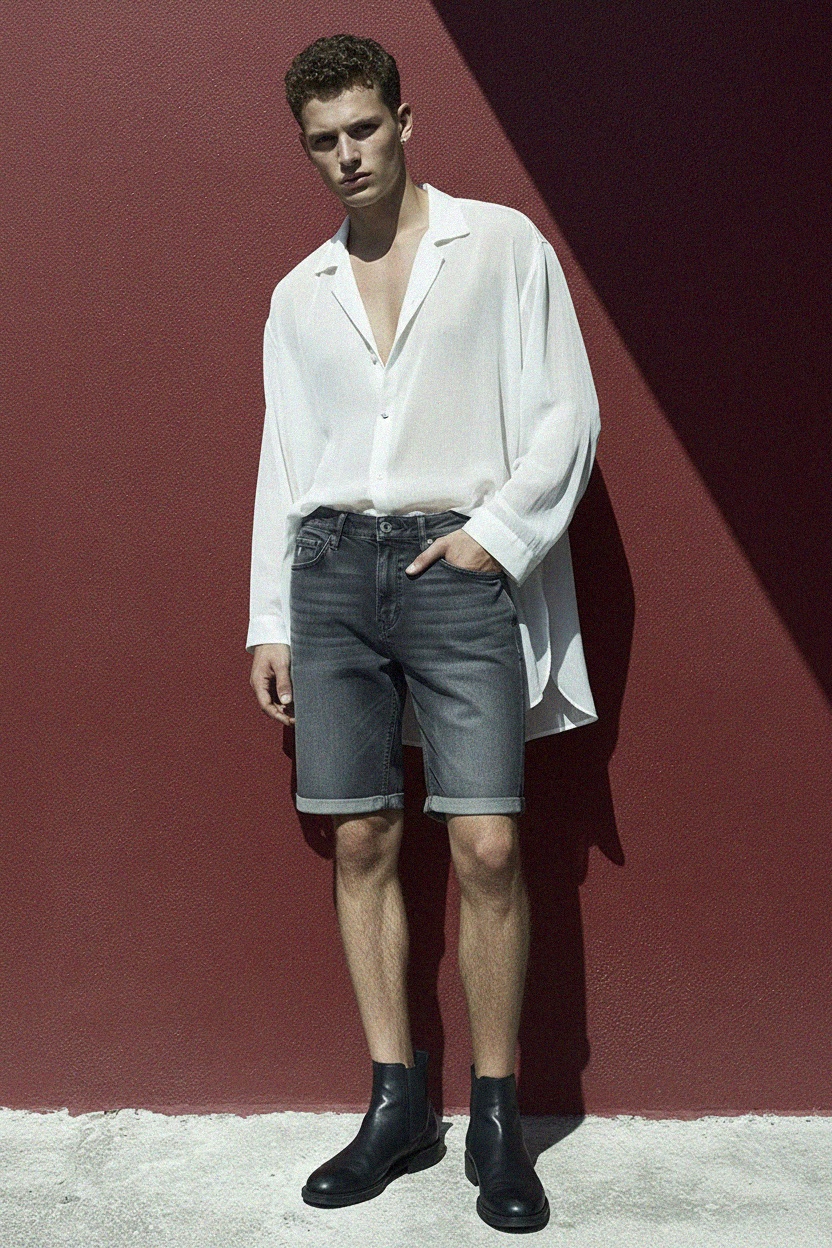 Washed Grey Denim Shorts with Cuffed Hem photo 2