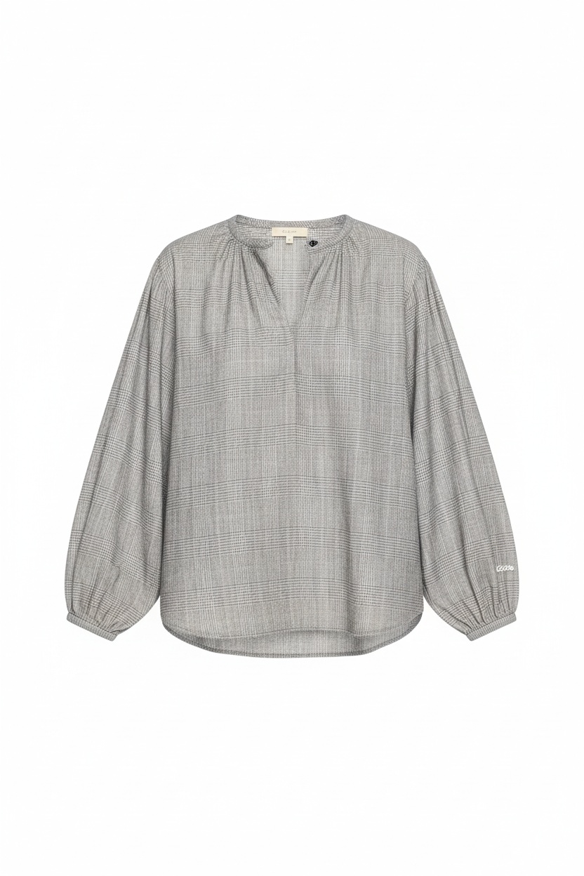 Plaid V-Neck Blouse with Gathered Sleeves photo 1