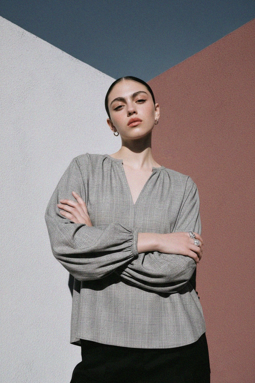 Plaid V-Neck Blouse with Gathered Sleeves photo 3