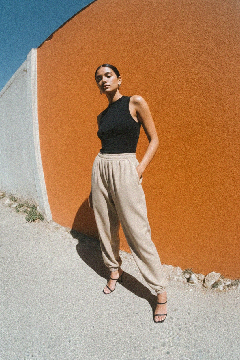 Beige Relaxed Fit Tapered Pants with Elastic Cuffs photo 2