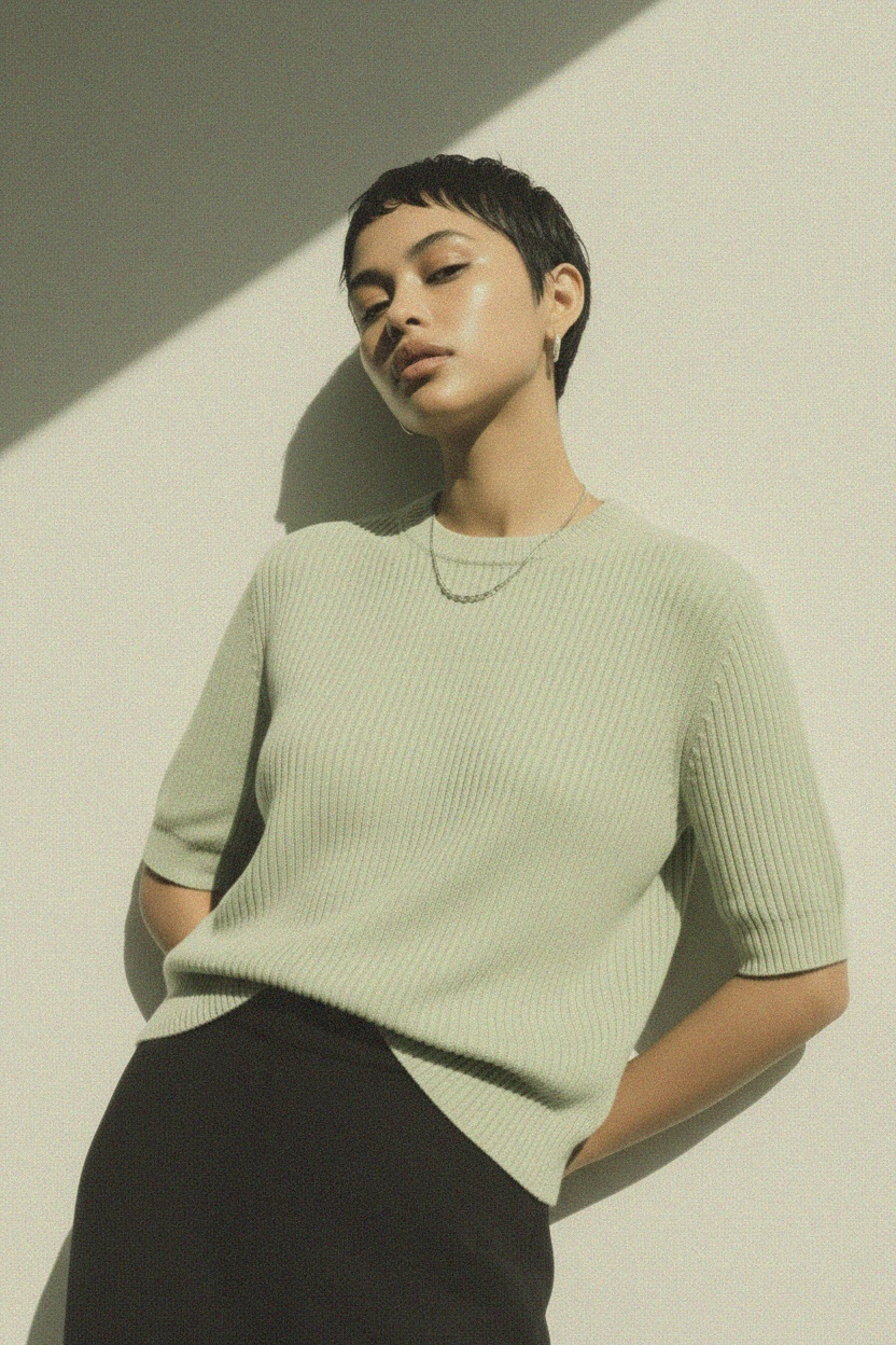 Short Sleeve Ribbed Knit Sweater photo 3