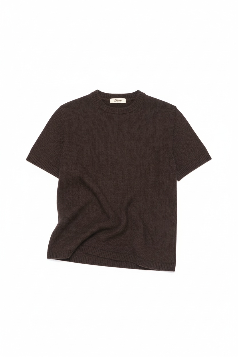 Ribbed Knit Short Sleeve Top in Rich Brown photo 1