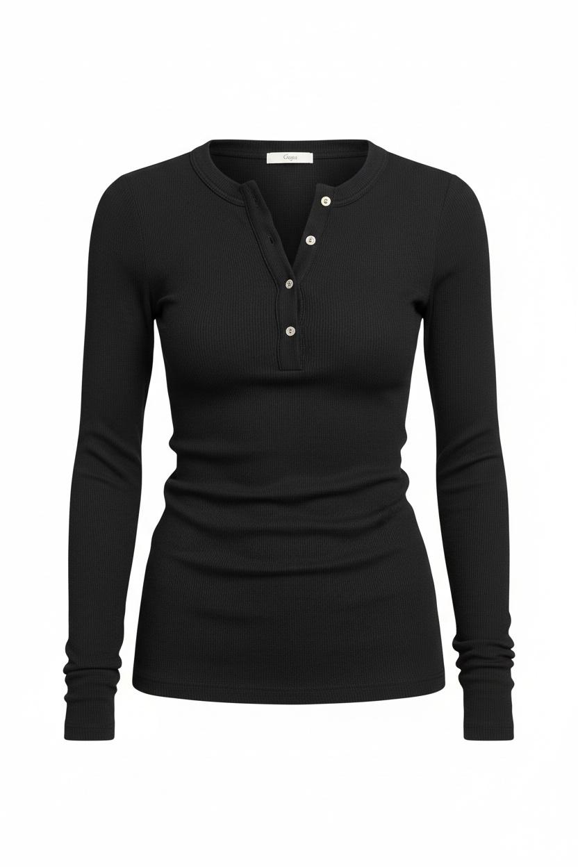 Black Ribbed Long-Sleeve Henley Top photo 1