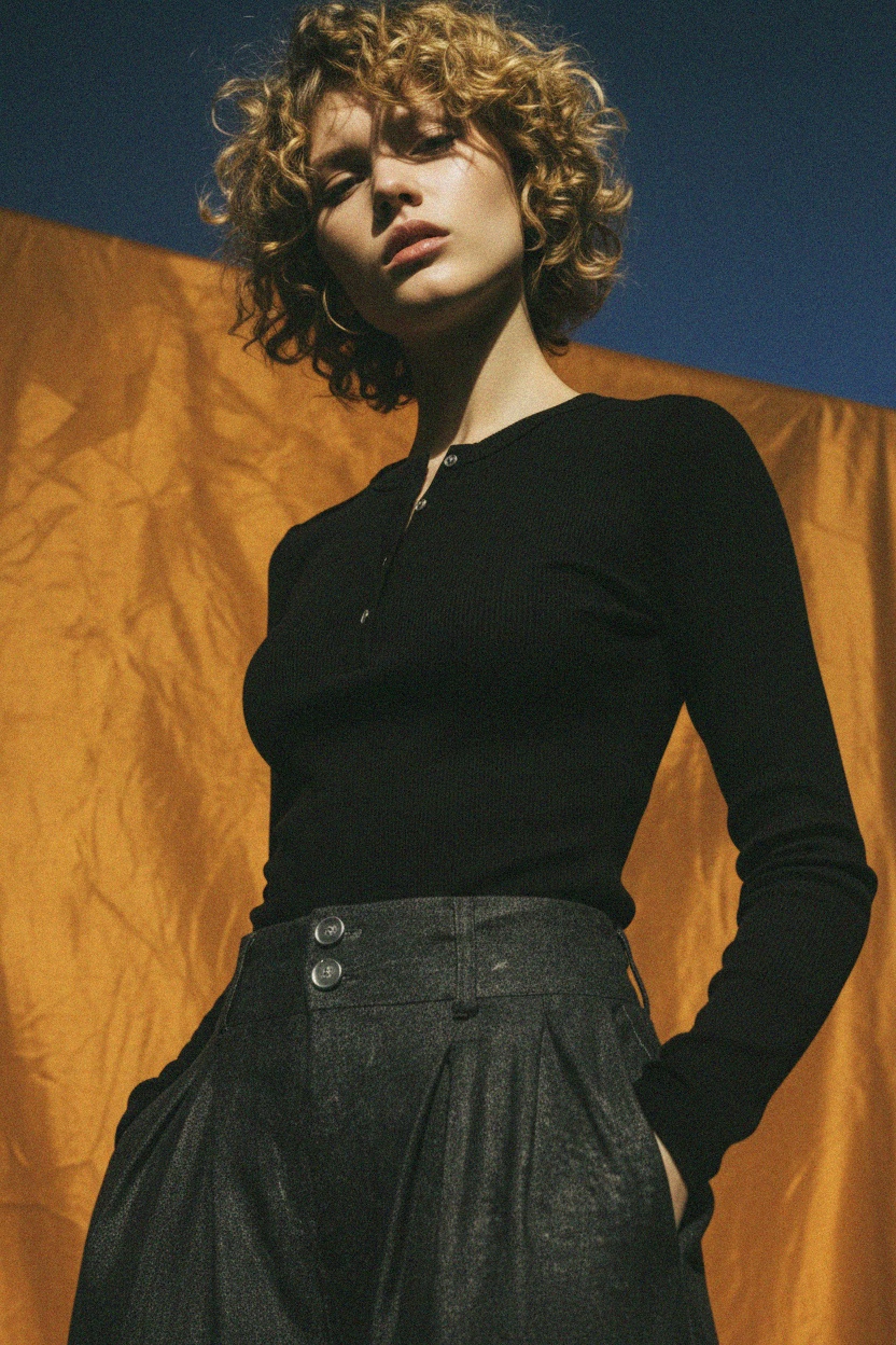 Black Ribbed Long-Sleeve Henley Top photo 2