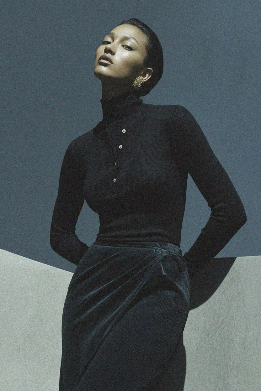 Black Ribbed Long-Sleeve Henley Top photo 3