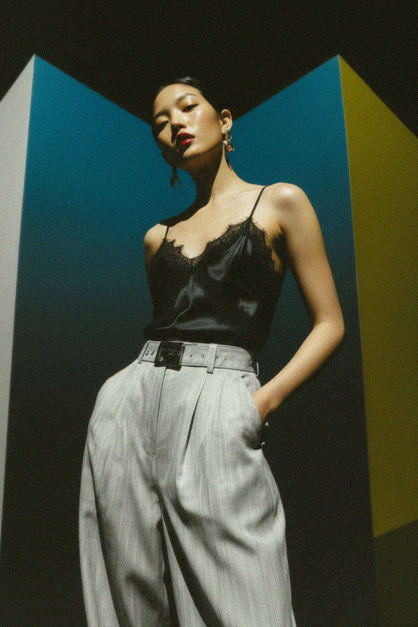 Black Lace Trim Satin Camisole Top photo 2