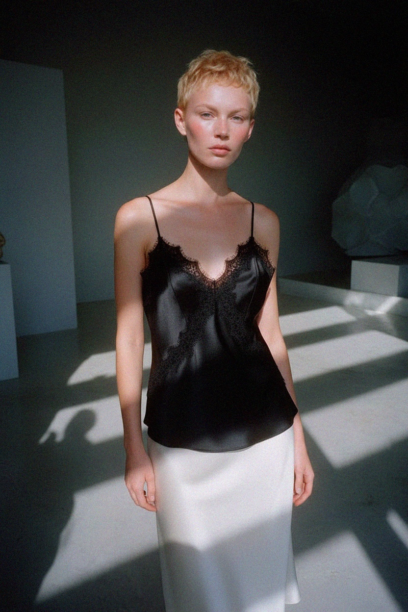 Black Lace Trim Satin Camisole Top photo 3