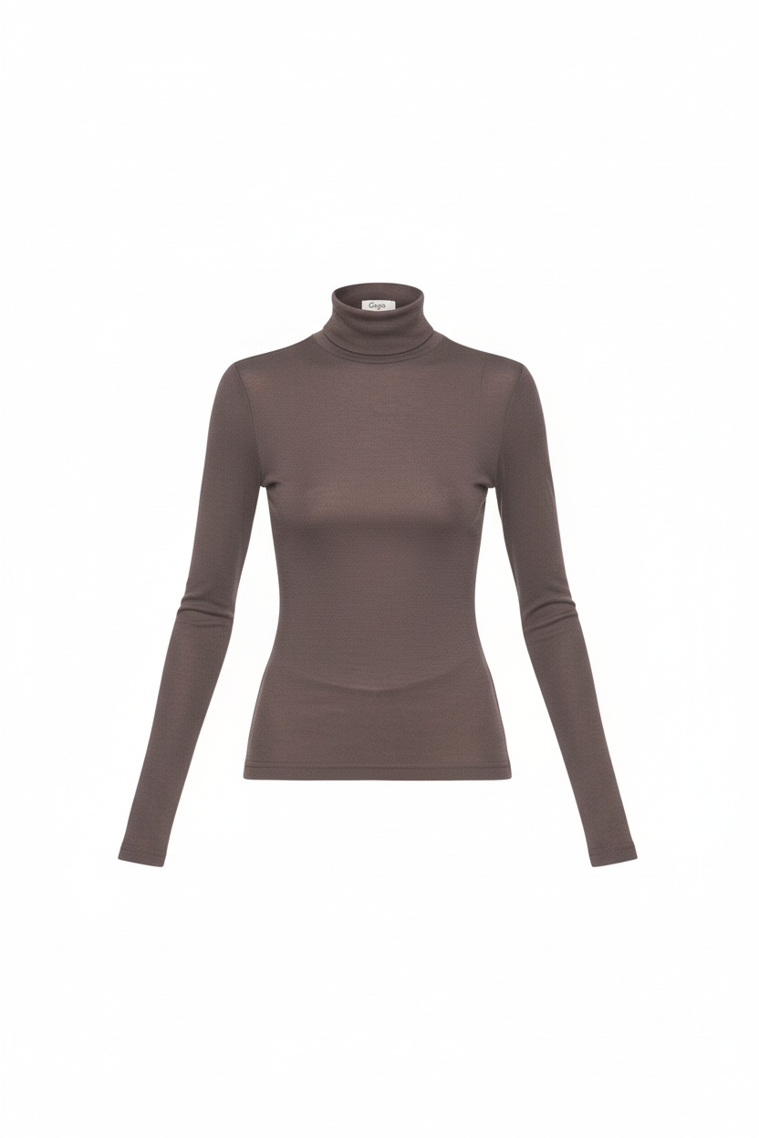 Fitted Brown Long Sleeve Turtleneck Top photo 1