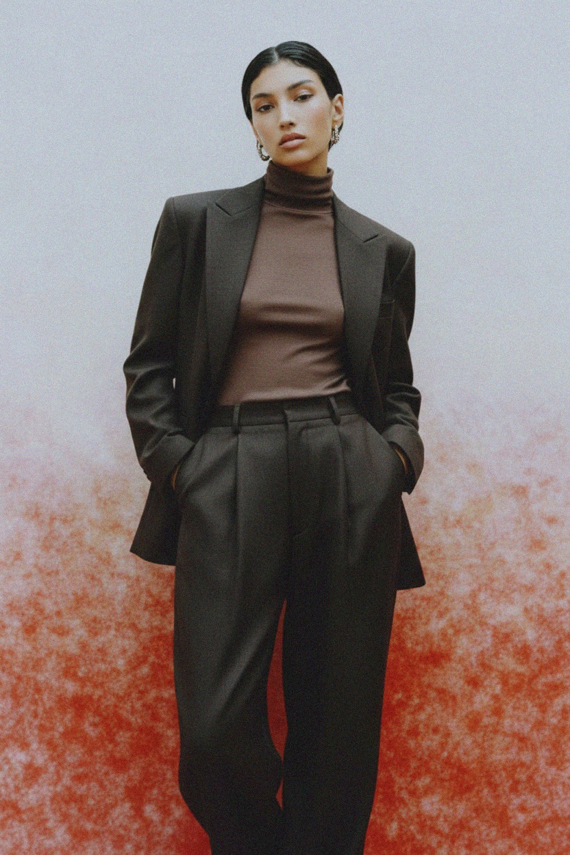 Fitted Brown Long Sleeve Turtleneck Top photo 2