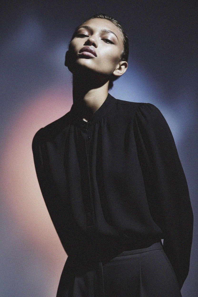 Elegant Black Long Sleeve Band Collar Blouse photo 2