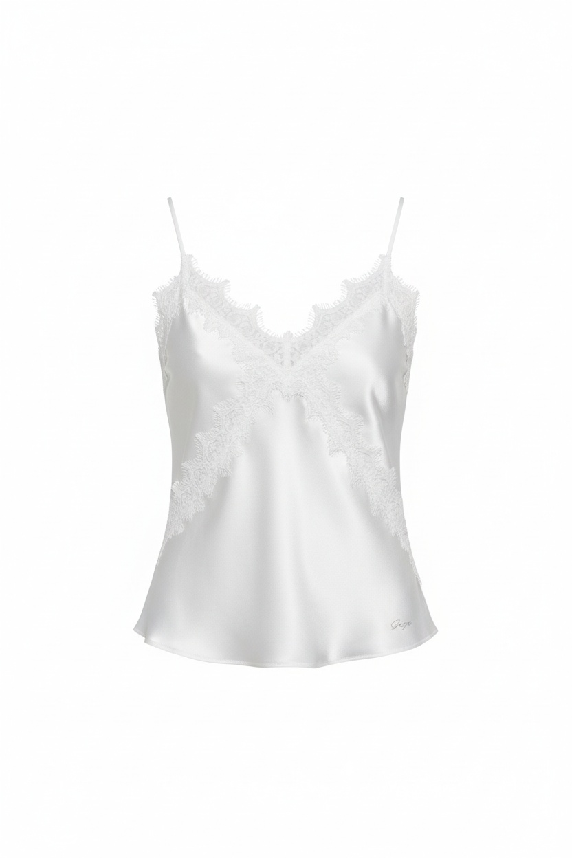 Elegant White Satin Camisole Top with Delicate Lace Trim photo 1