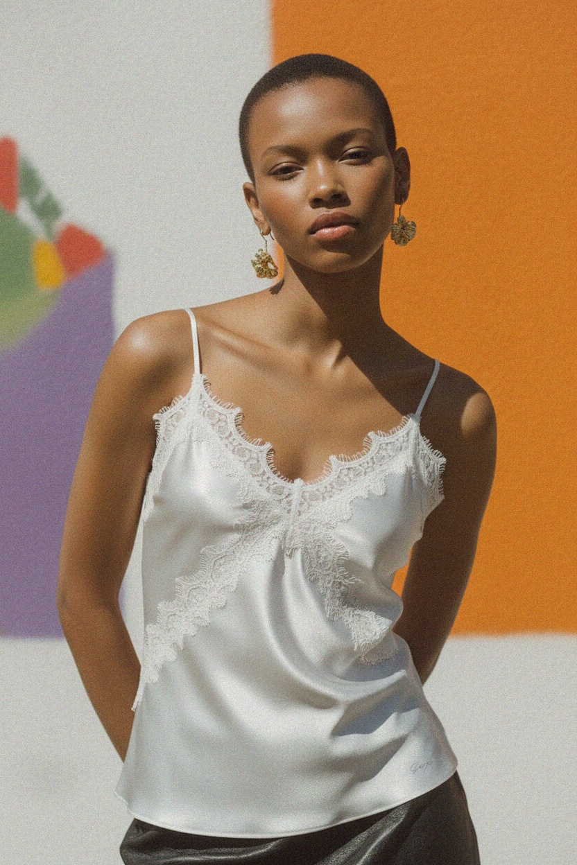 Elegant White Satin Camisole Top with Delicate Lace Trim photo 2