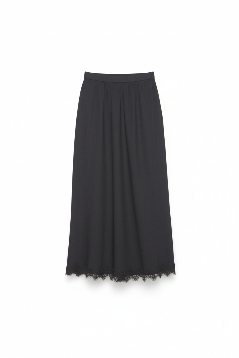 Elegant Black Midi Skirt with Lace Hem Detail photo 1