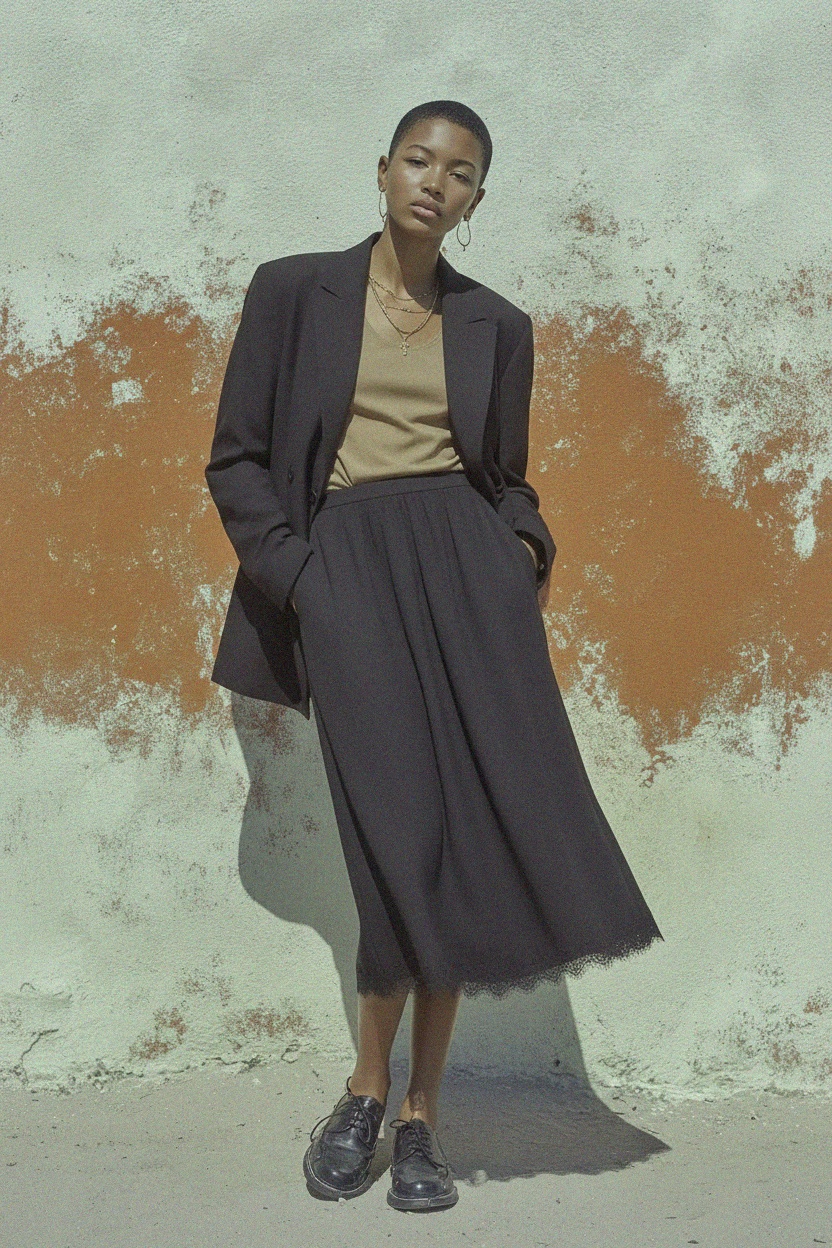 Elegant Black Midi Skirt with Lace Hem Detail photo 2