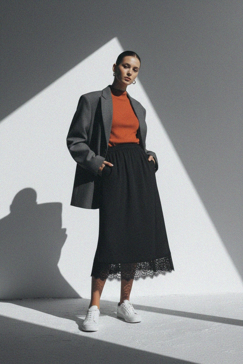 Elegant Black Midi Skirt with Lace Hem Detail photo 3