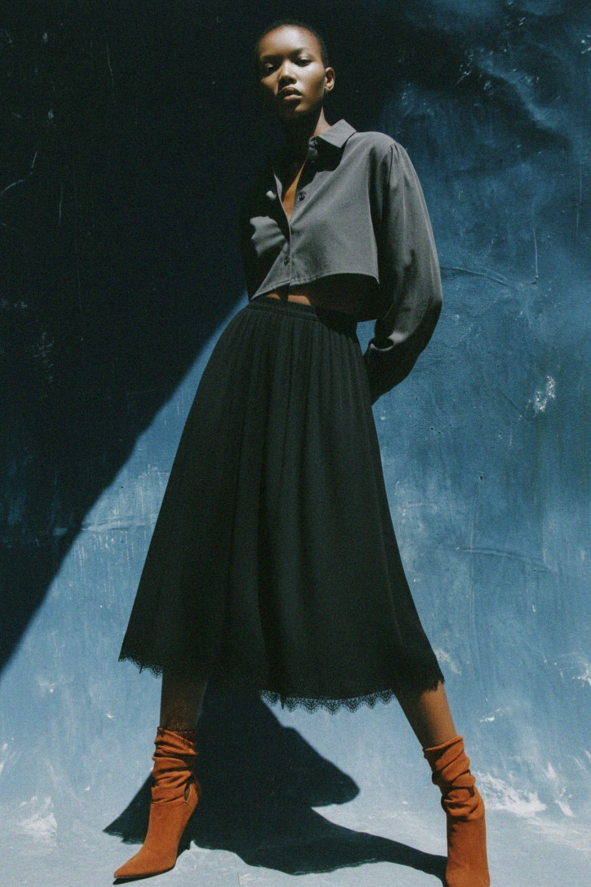 Elegant Black Midi Skirt with Lace Hem Detail photo 3