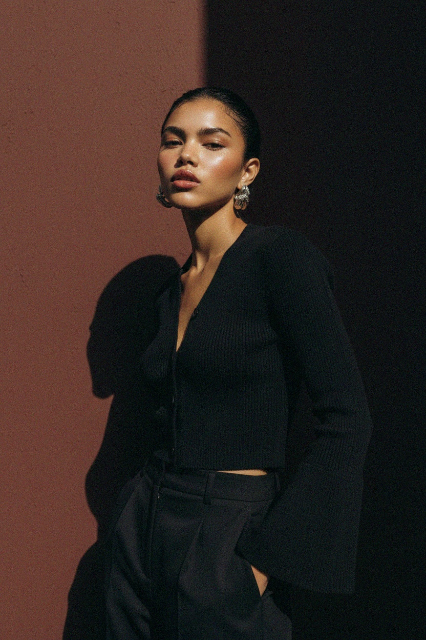 Ribbed Knit Cardigan with Bell Sleeves photo 3