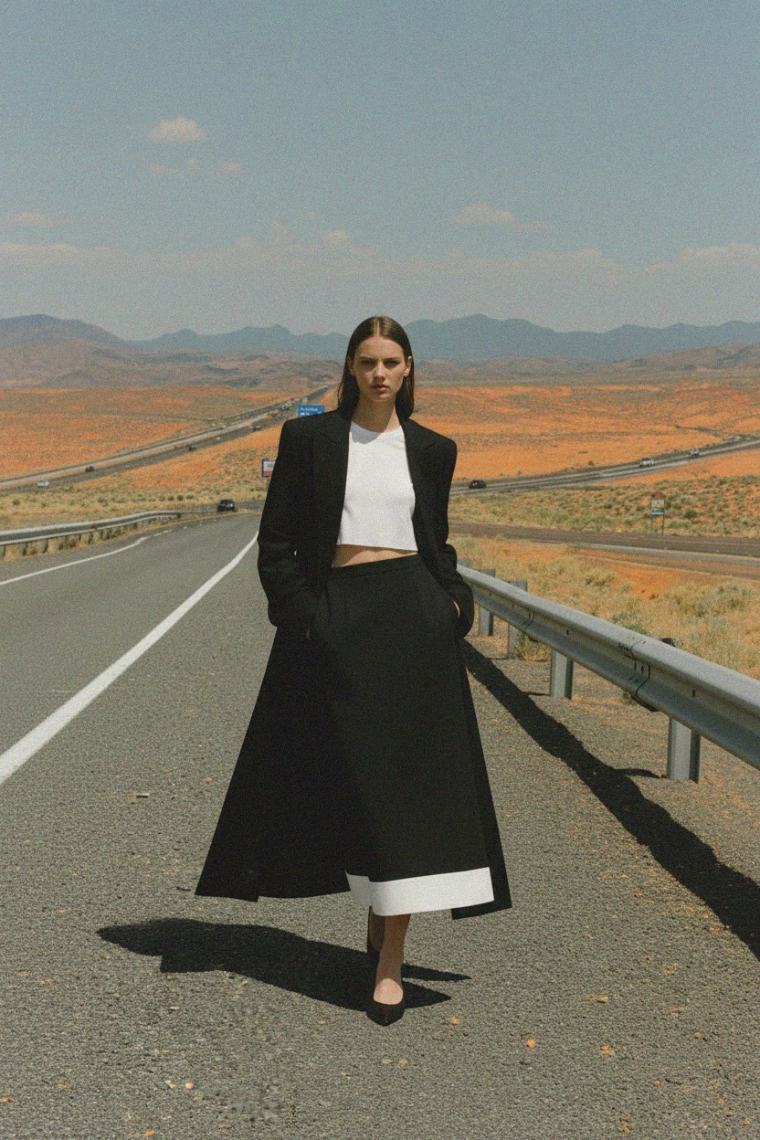 Classic Black Midi Skirt with White Hem Detail photo 3