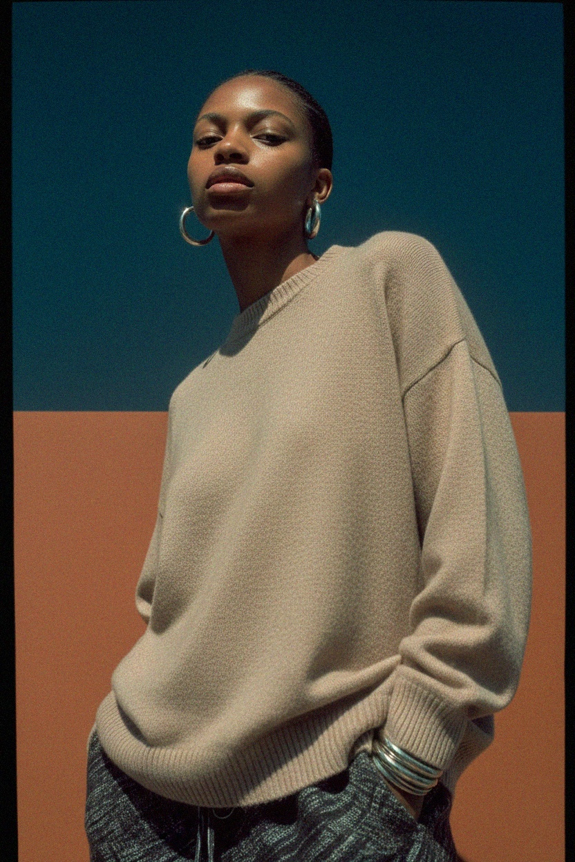 Relaxed Fit Crew Neck Knit Sweater in Beige photo 3