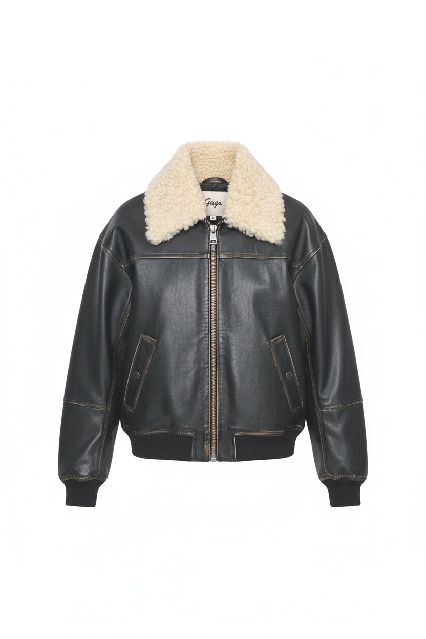 Oversize Faux Leather Bomber Jacket with Sherpa Collar photo 1