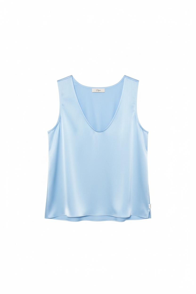 Sky Blue Satin V-Neck Tank Top photo 1