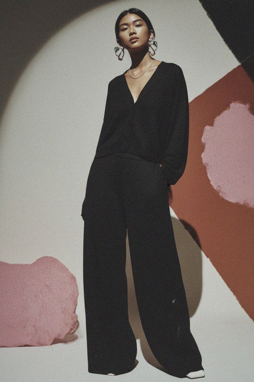Black Knit Cardigan & Wide-Leg Pants Set photo 2