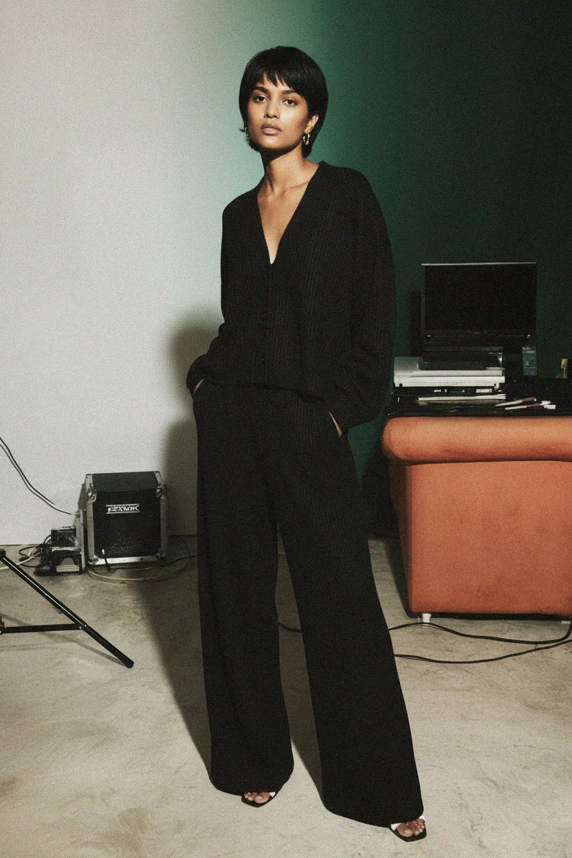 Black Knit Cardigan & Wide-Leg Pants Set photo 3