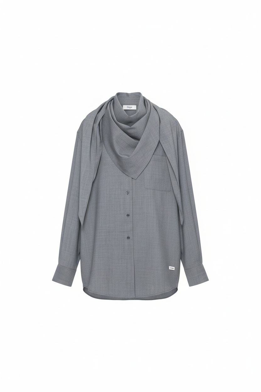 Oversized Grey Draped Collar Blouse photo 1