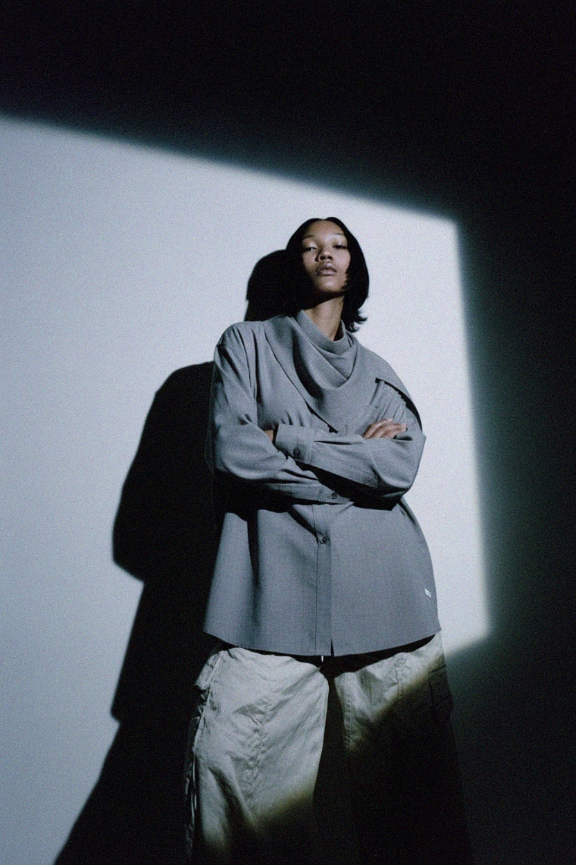 Oversized Grey Draped Collar Blouse photo 2