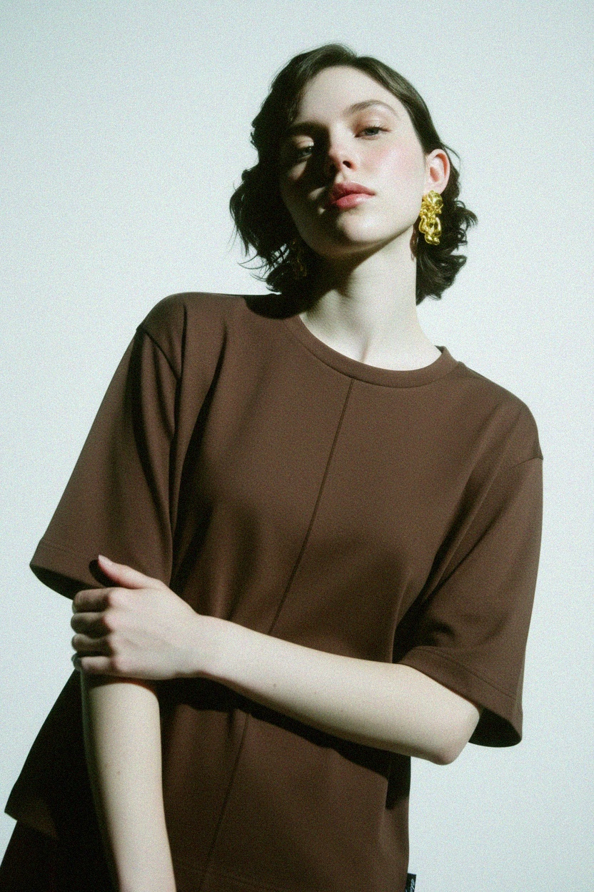 Relaxed Fit Brown T-shirt with Center Seam Detail photo 2