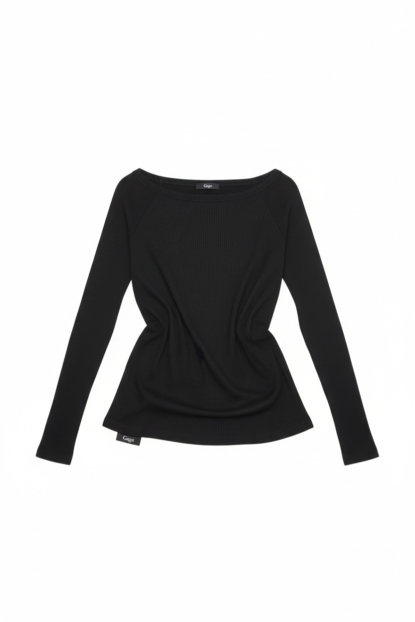 Black Ribbed Long-Sleeve Boat Neck Top photo 1