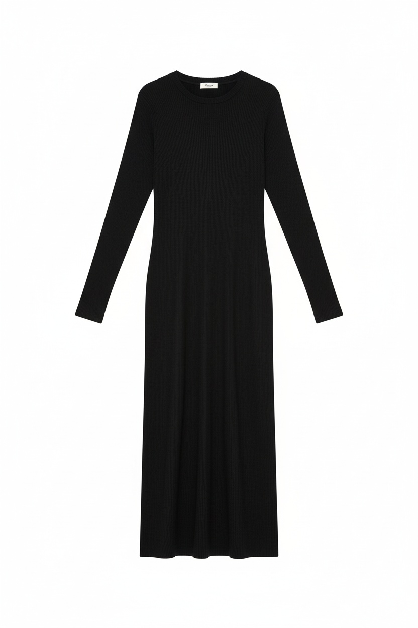 Black Ribbed Long Sleeve Midi Dress photo 1