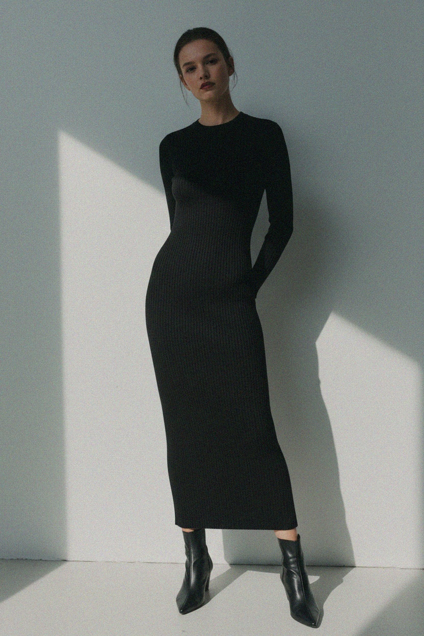 Black Ribbed Long Sleeve Midi Dress photo 2