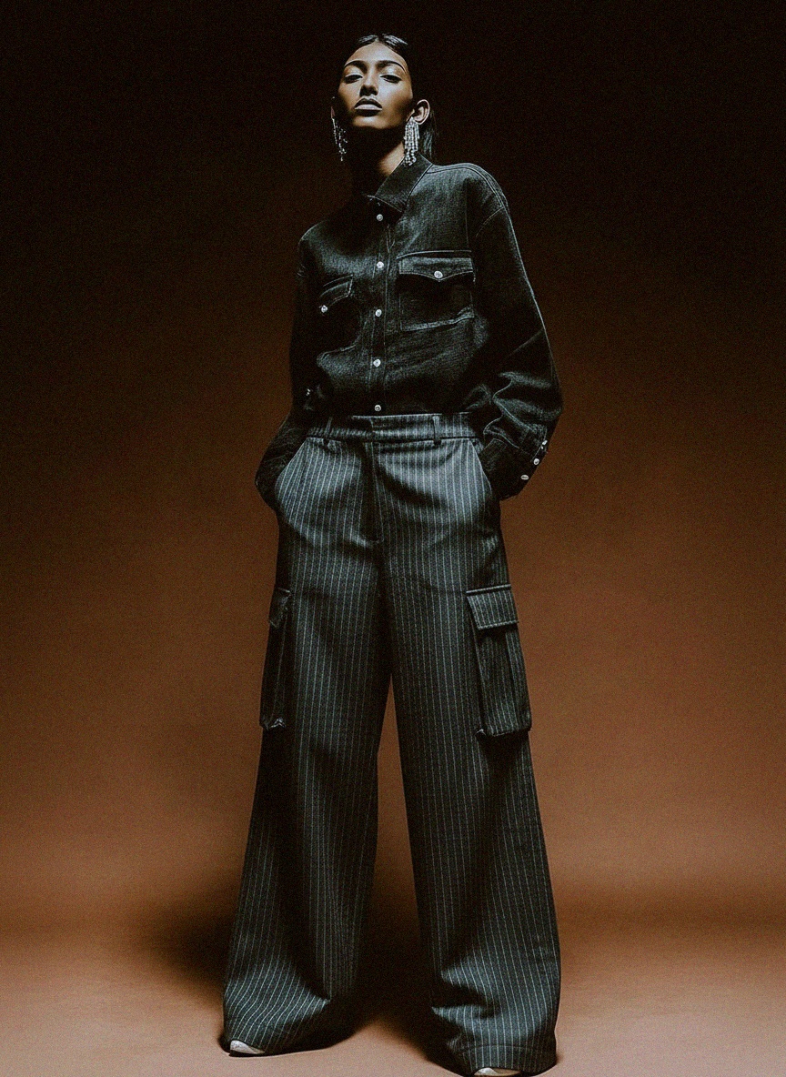 Pinstripe Wide-Leg Cargo Pants photo 3