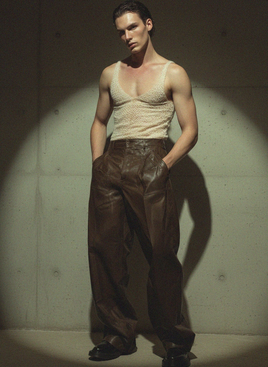 Coated Wide-Leg Jeans in Distressed Brown photo 3