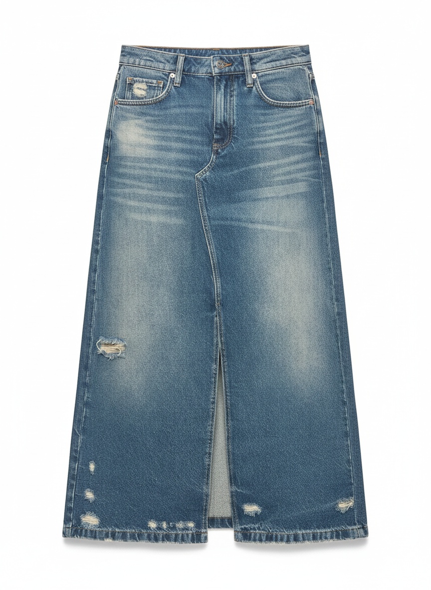 Distressed Denim Maxi Skirt with Front Slit photo 1