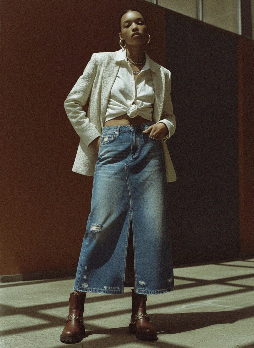 Distressed Denim Maxi Skirt with Front Slit photo 2