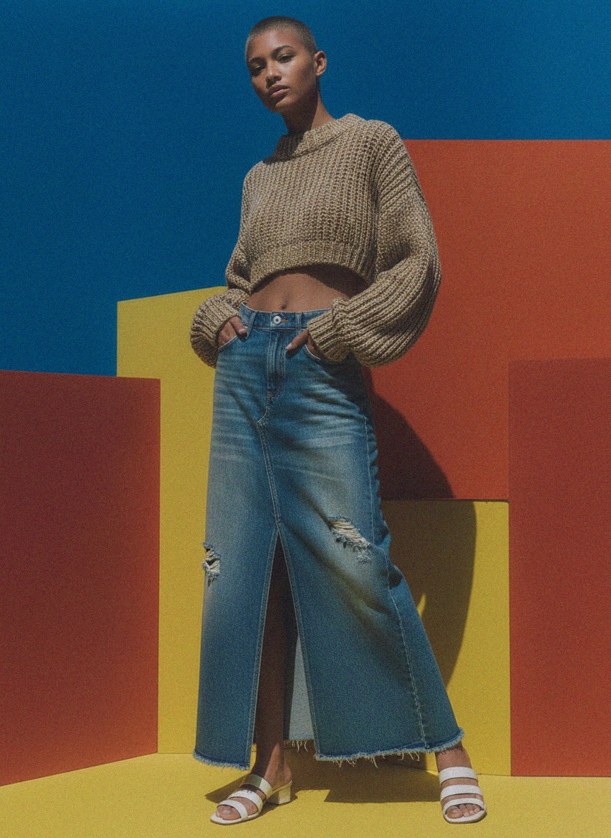 Distressed Denim Maxi Skirt with Front Slit photo 3