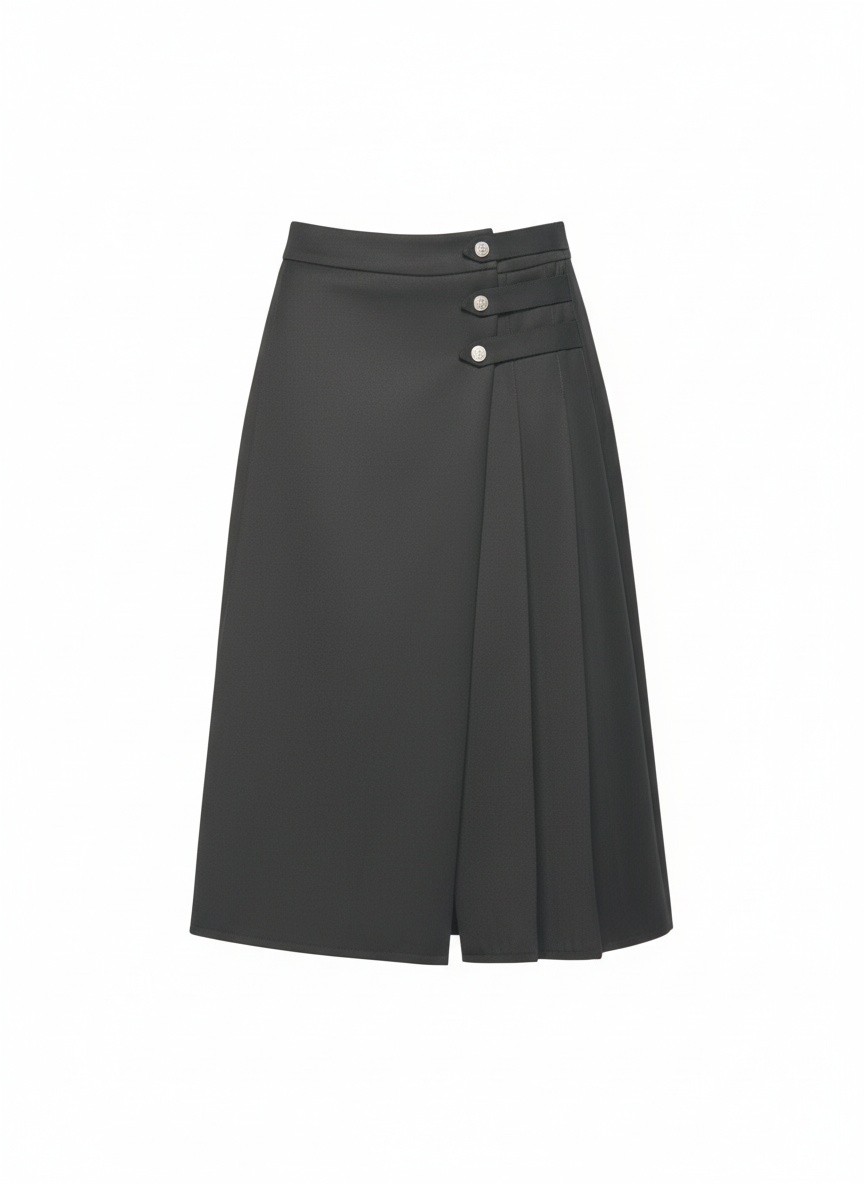 Black Pleated Midi Skirt with Decorative Buttons photo 1