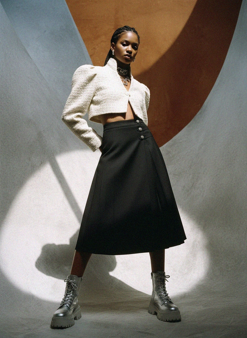 Black Pleated Midi Skirt with Decorative Buttons photo 2