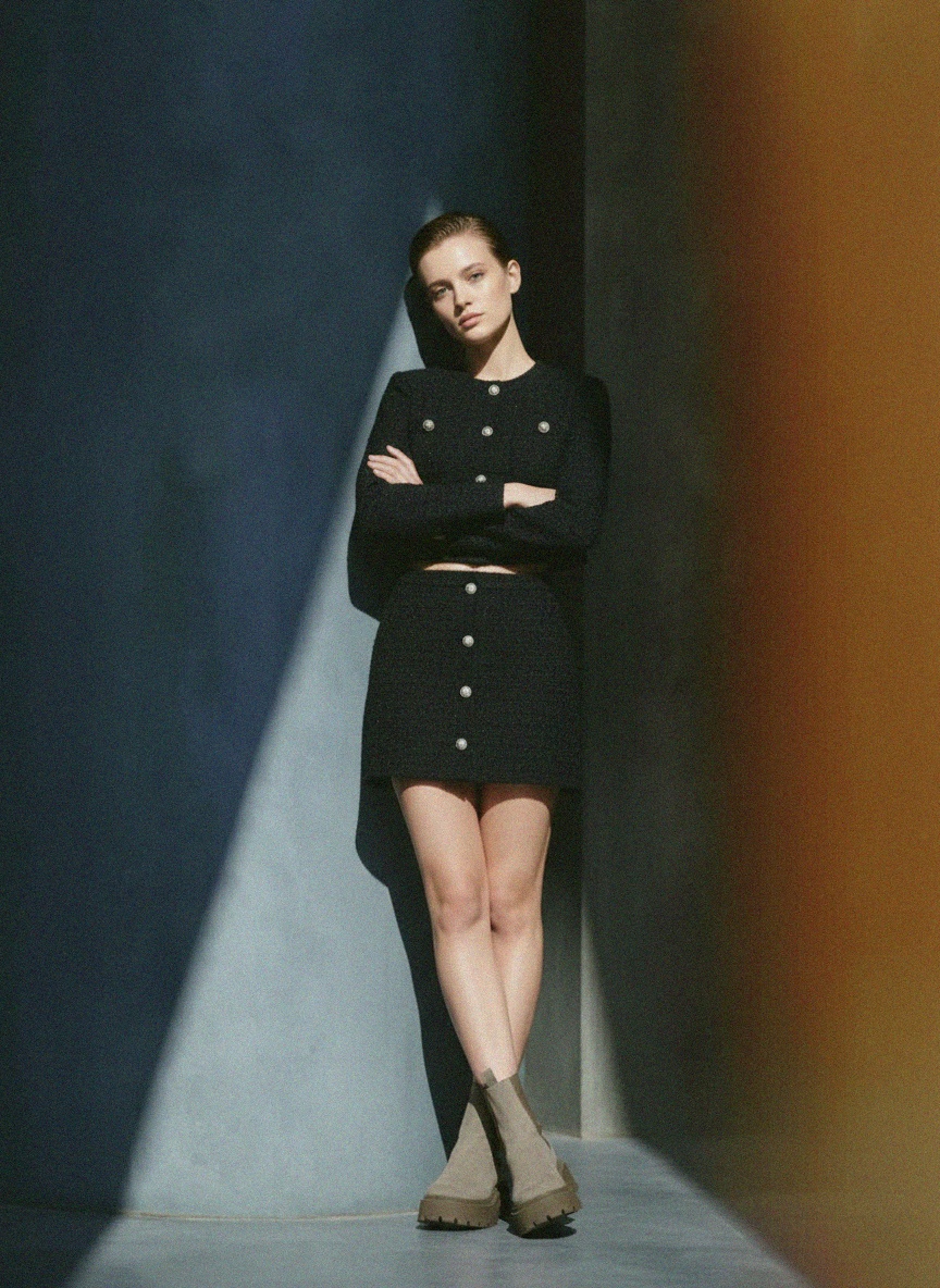 Black Tweed Button-Front Mini Skirt & Cropped Top Set photo 3