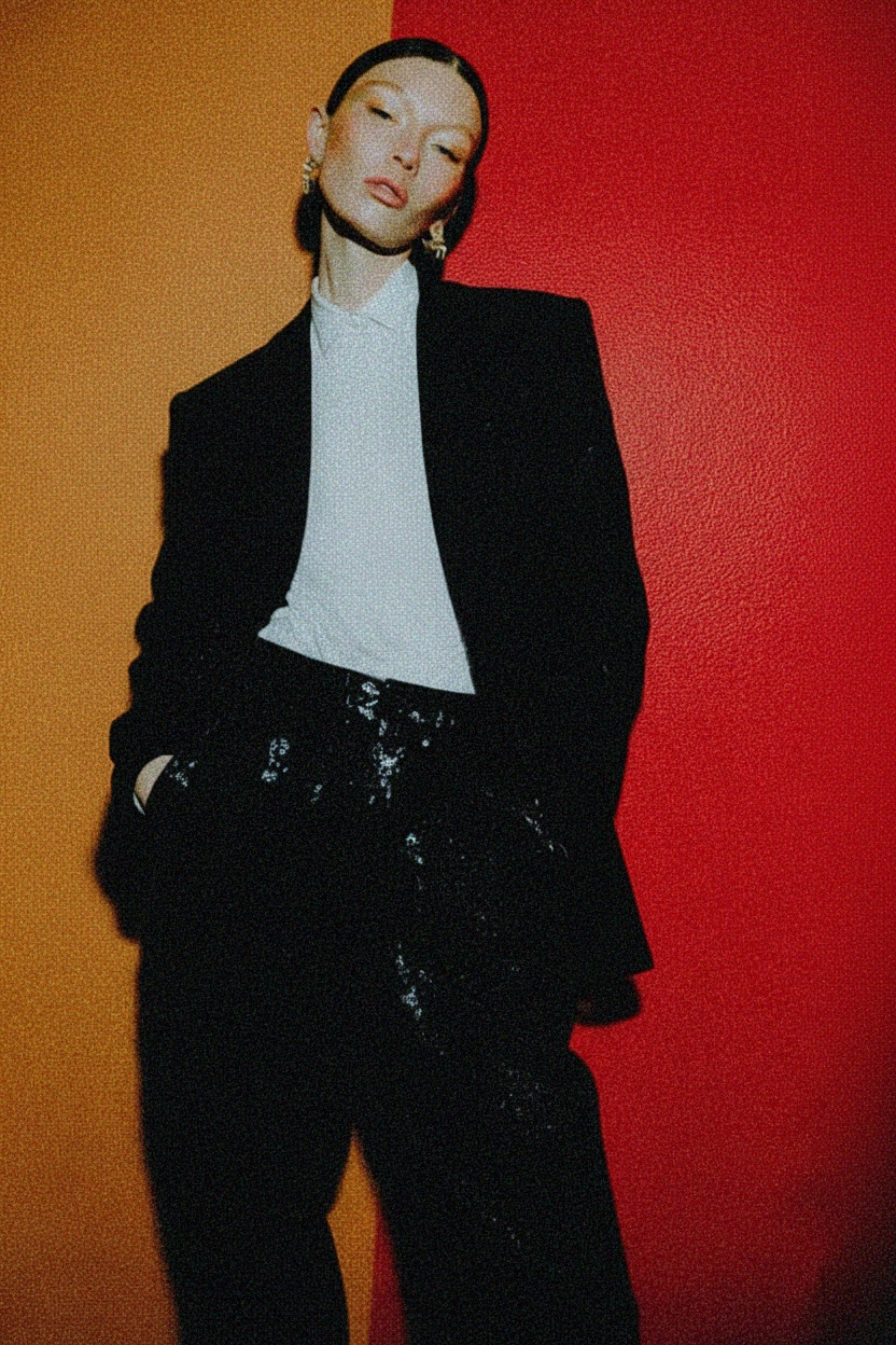 Silver Glitter Knit Straight Leg Pants photo 2