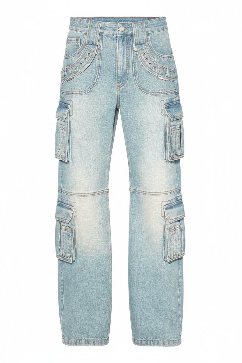 Light Wash Baggy Cargo Denim Jeans photo 1