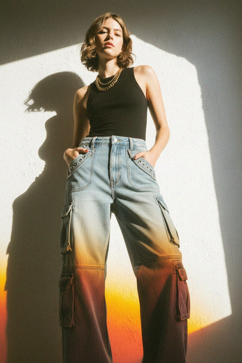 Light Wash Baggy Cargo Denim Jeans photo 2