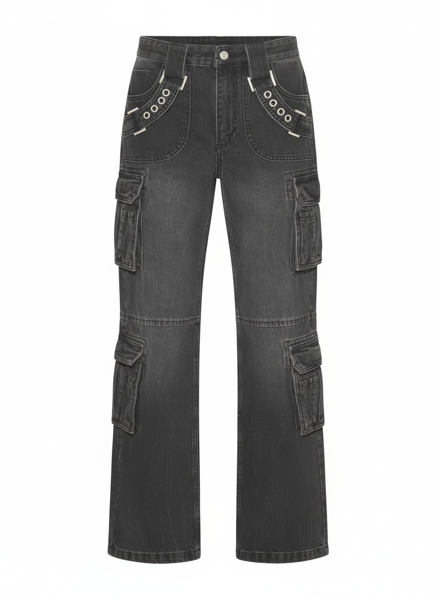Washed Grey Cargo Jeans with Eyelet & Buckle Pockets photo 1