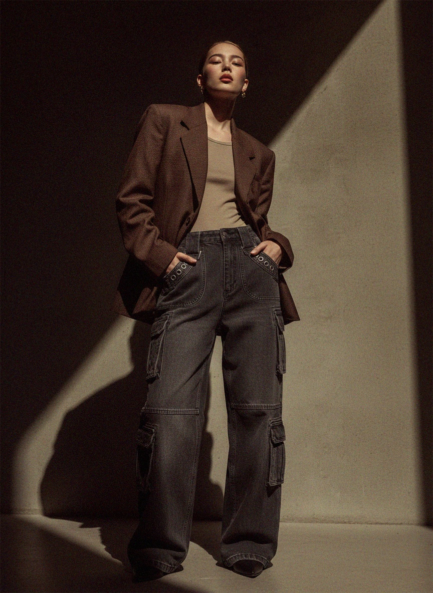 Washed Grey Cargo Jeans with Eyelet & Buckle Pockets photo 2