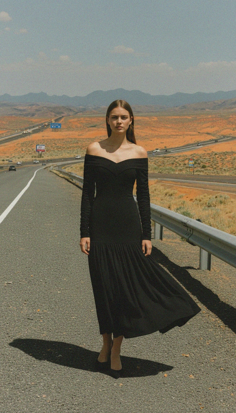 Elegant Black Off-Shoulder Midi Dress with Ruched Sleeves photo 3