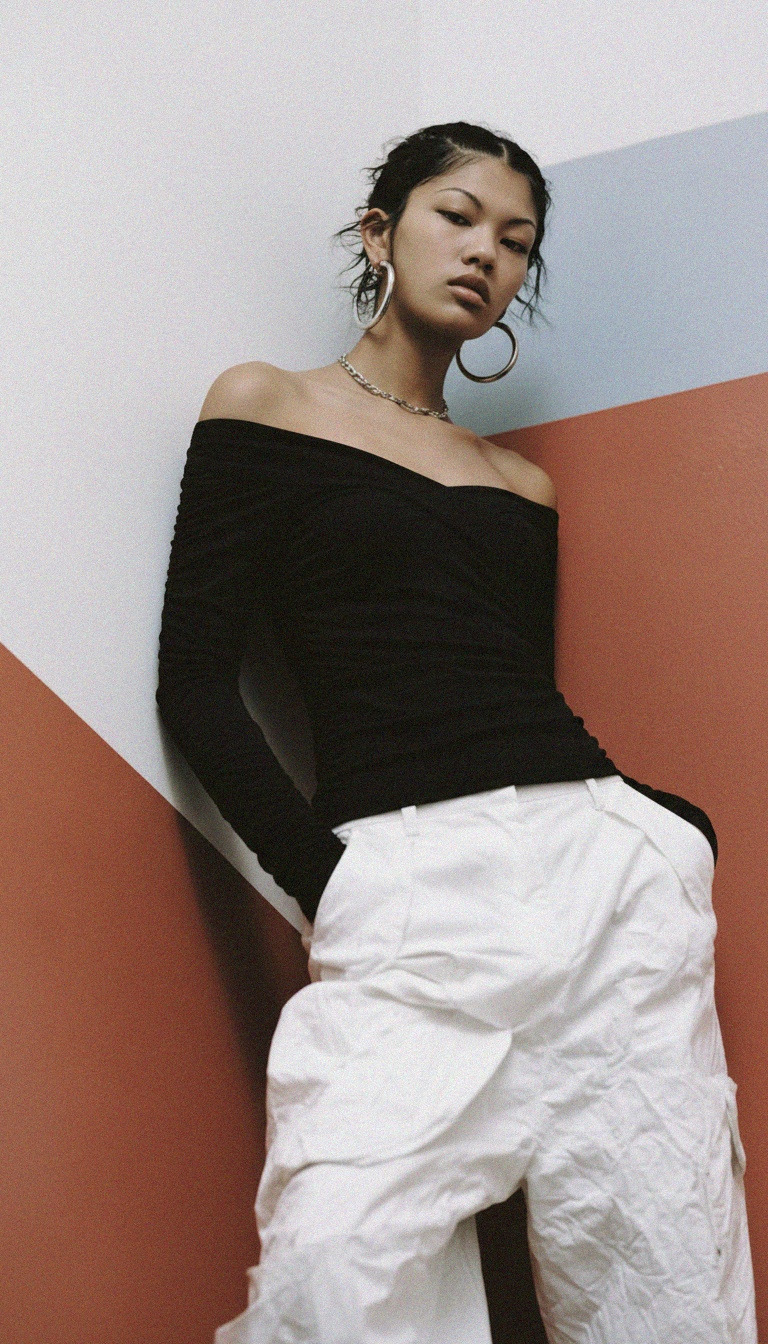 Black Off-Shoulder Ruched Long Sleeve Top photo 3