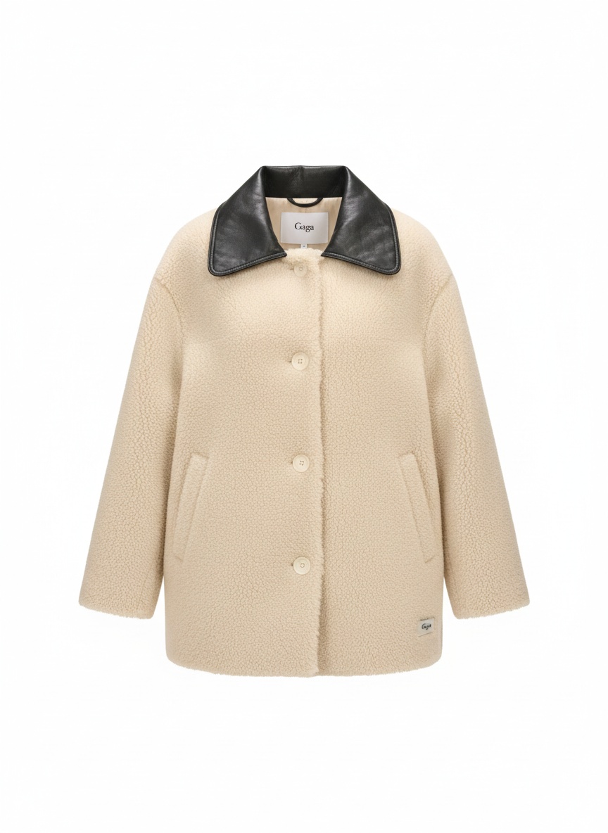 Beige Teddy Coat with Contrast Leather Collar photo 1