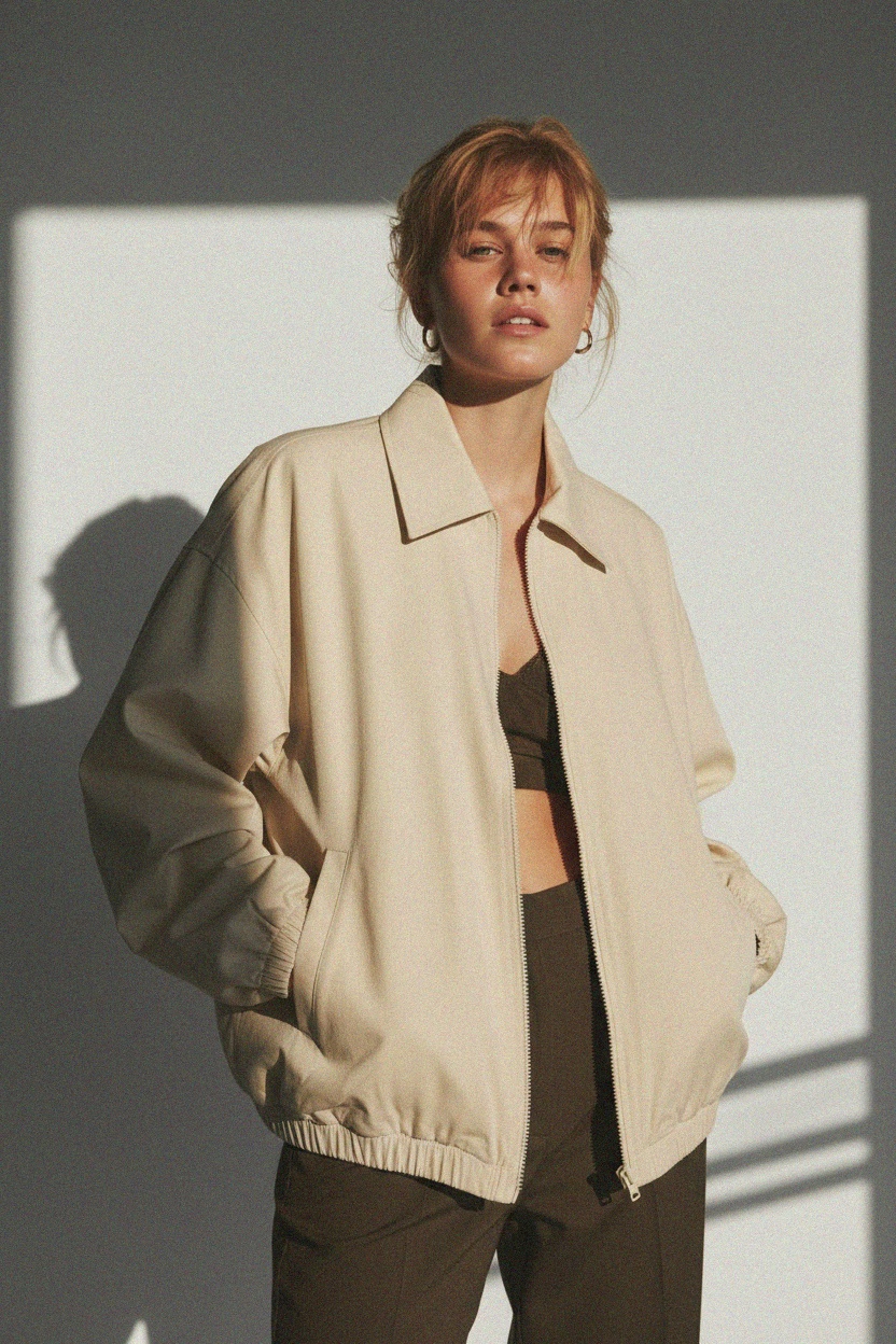 Oversized Beige Zip-Up Bomber Jacket photo 2